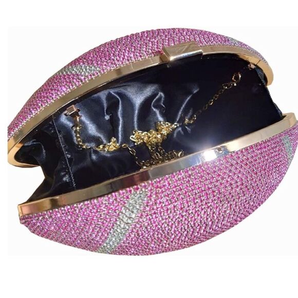 Pink Football Shaped Purse Rhinestone Crystal Evening Bag Clutch Super Bowl - Picture 5 of 6